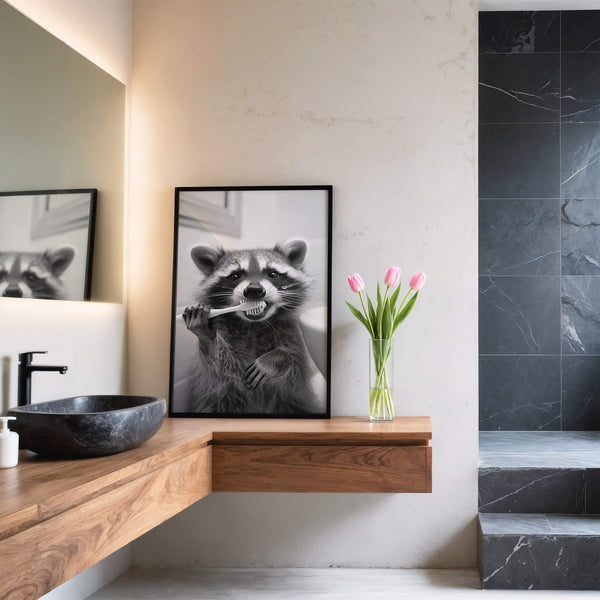 WC Poster – Waschbär putzt Zähne – Witzige Badezimmer Deko