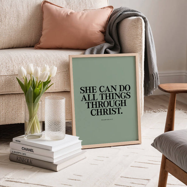 Bibelvers Poster – Durch Jesus Christus kann sie alles schaffen – Bibelspruch Bild – Philipper 4:13