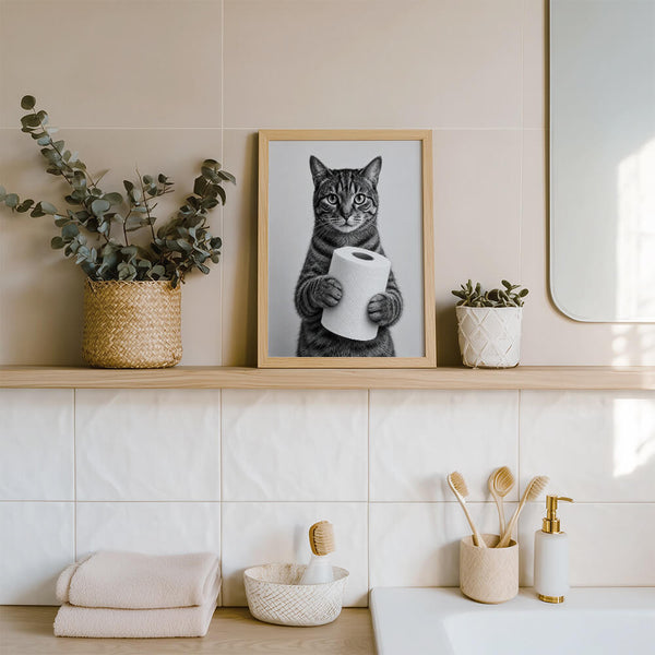 Badezimmer Poster – Katze mit Klopapier – Lustiges Bild WC