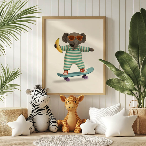 Elefant auf Skateboard Poster – Modernes Kinderzimmer – Wanddeko Junge