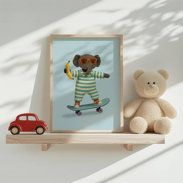 Elefant auf Skateboard Poster – Modernes Kinderzimmer – Kinderzimmer Bild