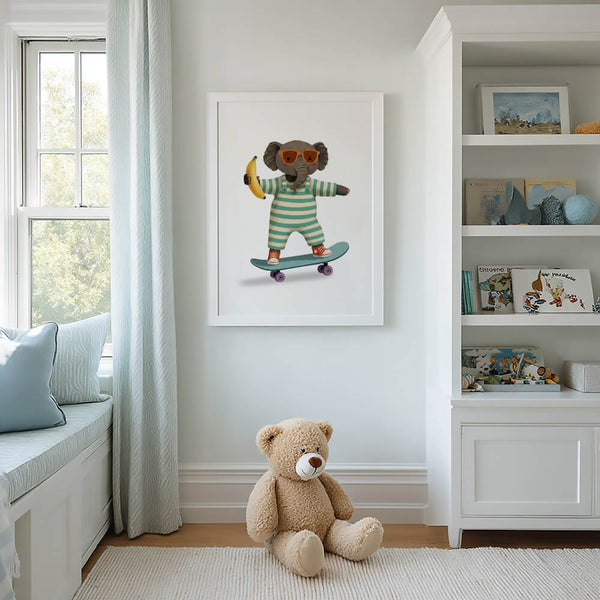 Elefant auf Skateboard Poster – Modernes Kinderzimmer – Wanddeko Junge & Mädchen