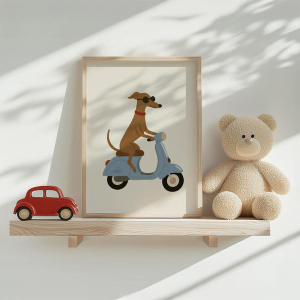 Hund auf Roller Poster – Modernes Kinderzimmer – Wanddeko Junge und Mädchen