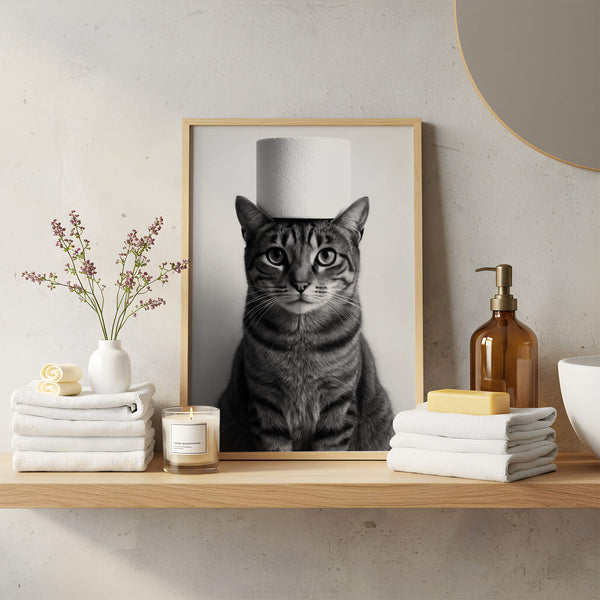 Badezimmer Poster – Katze mit Klopapier – Lustiges Wandbild fürs WC