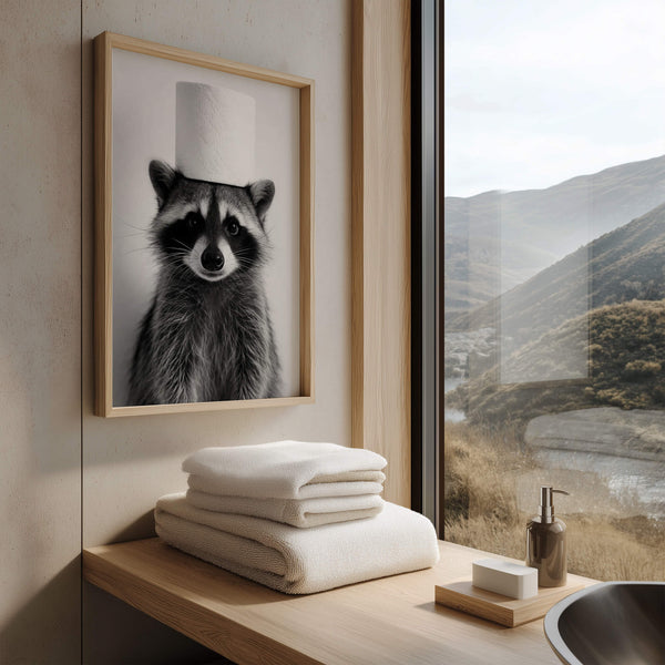 Badezimmer Poster – Waschbär mit Klopapier – Lustiges Wandbild fürs WC