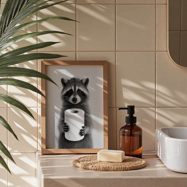 Badezimmer Poster – Waschbär mit Klopapier – Lustiges WC Bild