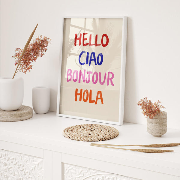 Hello Bonjour Hola Poster – Moderne Wanddeko – Flur Wandbild