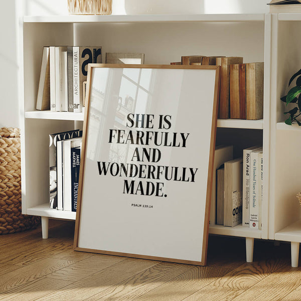 Bibelvers Poster – Sie ist wunderbar und einzigartig geschaffen – Bibelzitat Bild – Psalm 139:14 – Bibelspruch Bild